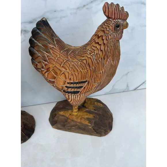 Decoration Antique Two Wooden Carved Rooster Brown Sz 10"x7" - Picture 7 of 11
